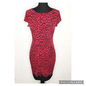 Cache red black leopard animal floral print sheath dress size Medium
